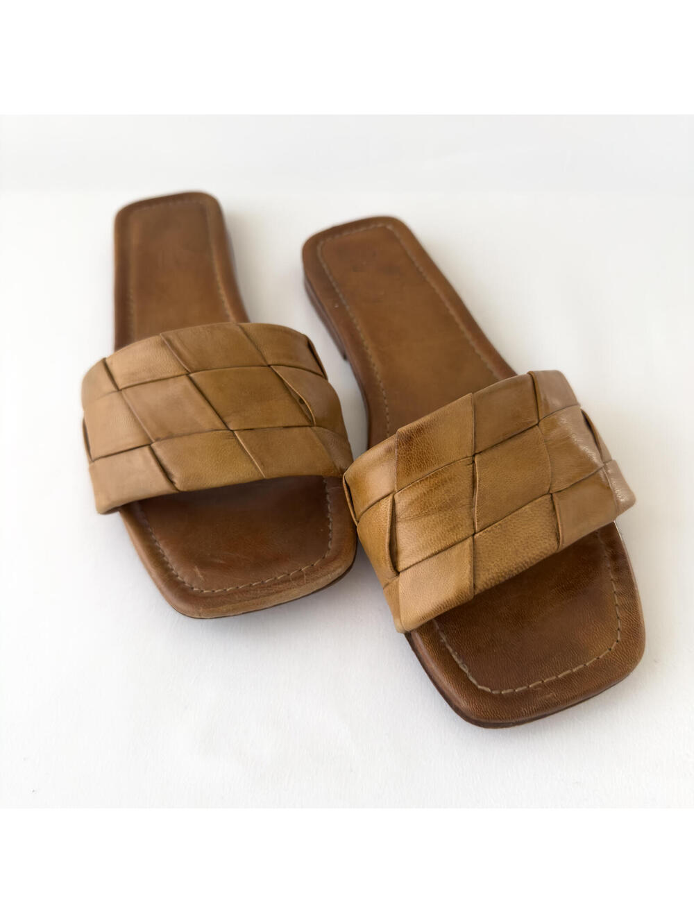 Seychelles Tan Woven Leather Square Toe Slide Sandals Size 9.5